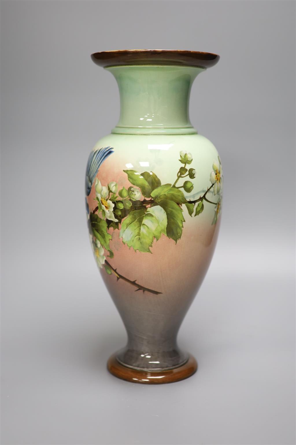 A Doulton Lambeth faience flower painted vase, 34.5cm